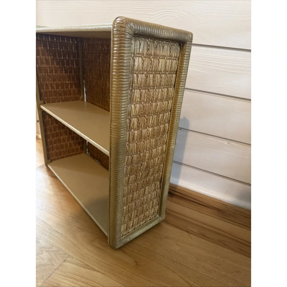 Vintage Woven Rattan Wicker Tan 2 Tier‎ Hanging Wall Shelf Bathroom Cottagecore